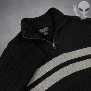 Polo Ralph Lauren Knit Sweater Medium Black quarter zip striped classic Vintage